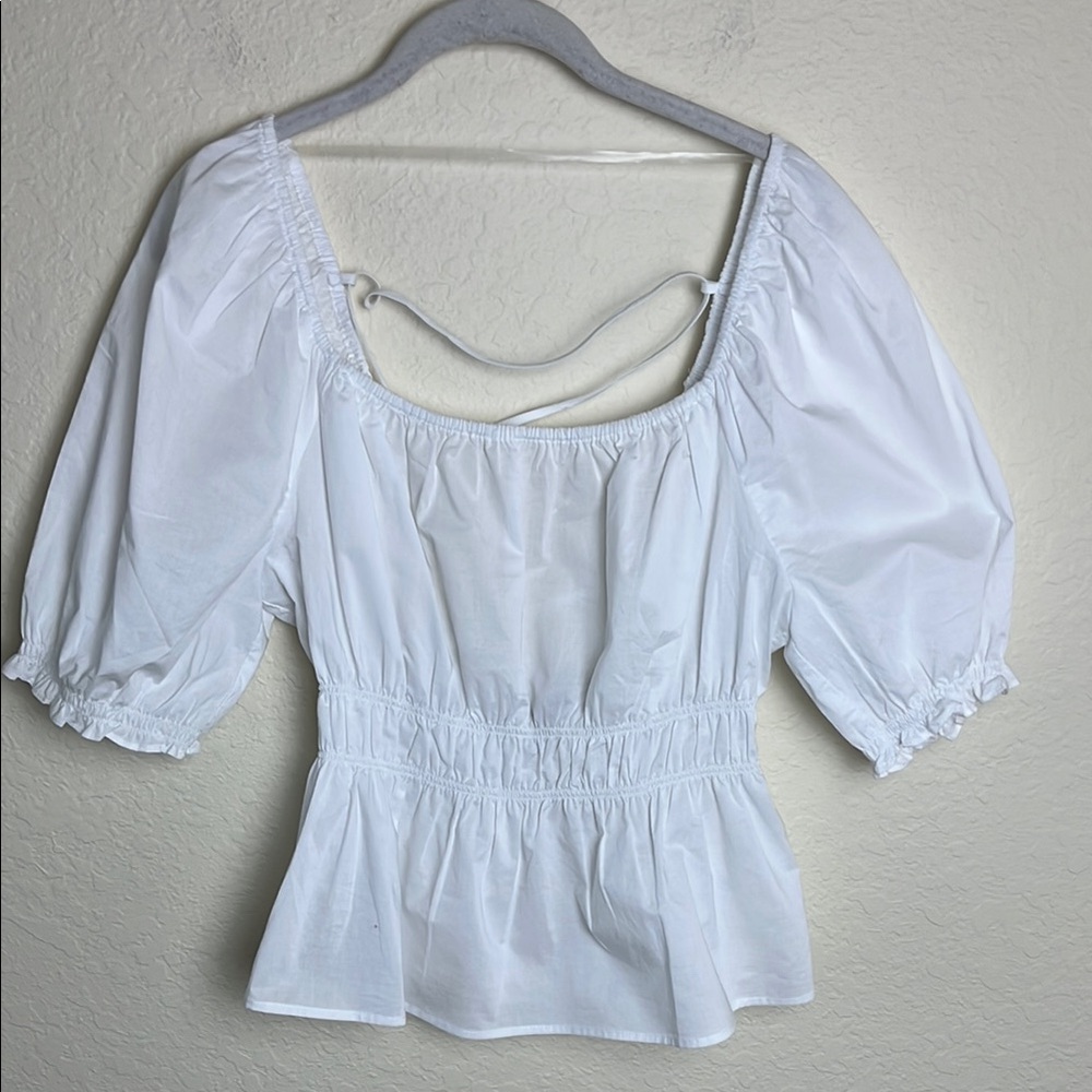 Sanctuary Cotton Poplin Puff Sleeve Lace Up Back Square NeckTop Sz M